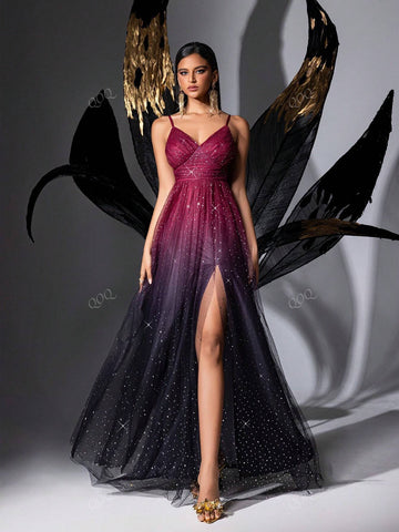Ombre Sequin Mesh Slit Spaghetti Strap Maxi Dress