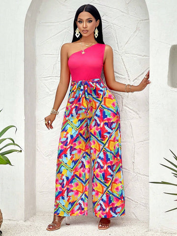 One-Shoulder Ruffle Color Block Jumpsuit With AB Legs (Random Pattern)