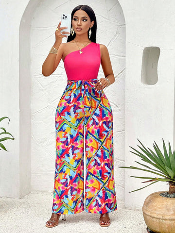 One-Shoulder Ruffle Color Block Jumpsuit With AB Legs (Random Pattern)