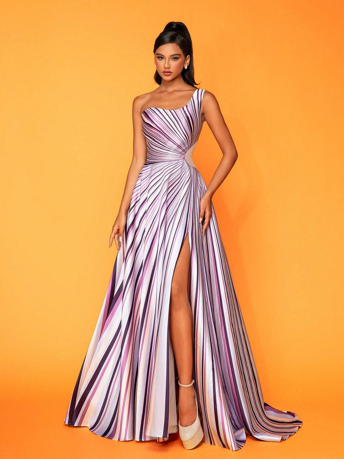 One-Shoulder Striped High Slit Elegant Party Evening Dress