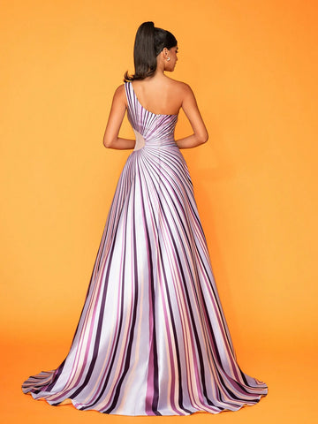 One-Shoulder Striped High Slit Elegant Party Evening Dress
