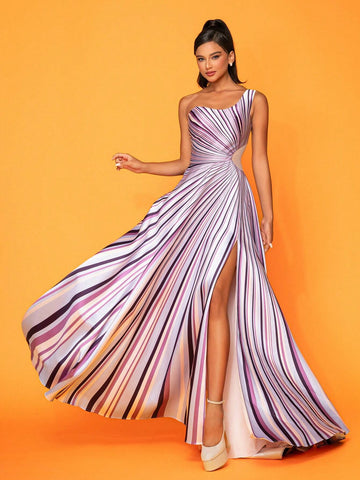 One-Shoulder Striped High Slit Elegant Party Evening Dress