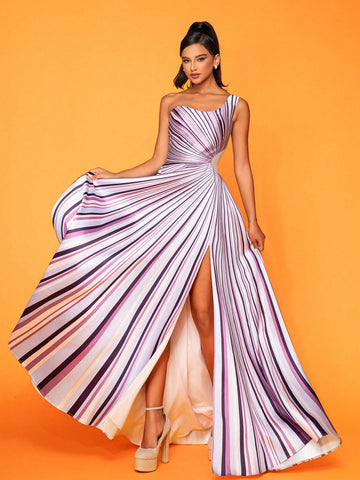 One-Shoulder Striped High Slit Elegant Party Evening Dress