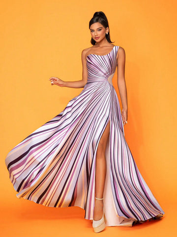 One-Shoulder Striped High Slit Elegant Party Evening Dress