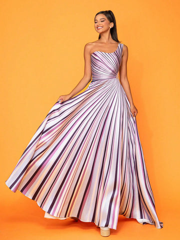 One-Shoulder Striped High Slit Elegant Party Evening Dress