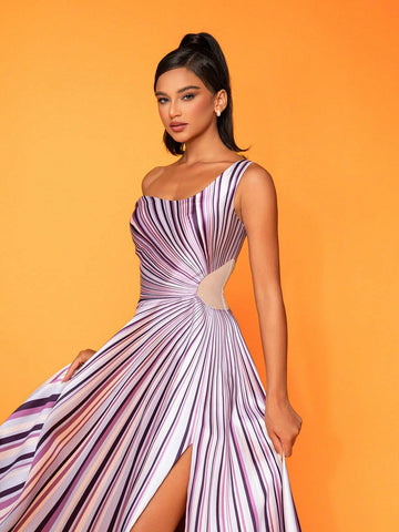 One-Shoulder Striped High Slit Elegant Party Evening Dress