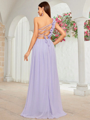 One-shoulder Chiffon Bridesmaid Dresses With High Slit And Backless, Flower Decorated And Ruched