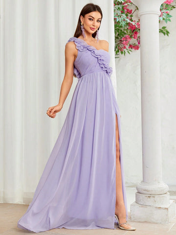 One-shoulder Chiffon Bridesmaid Dresses With High Slit And Backless, Flower Decorated And Ruched