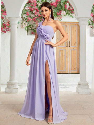 One-shoulder Chiffon Bridesmaid Dresses With High Slit And Backless, Flower Decorated And Ruched