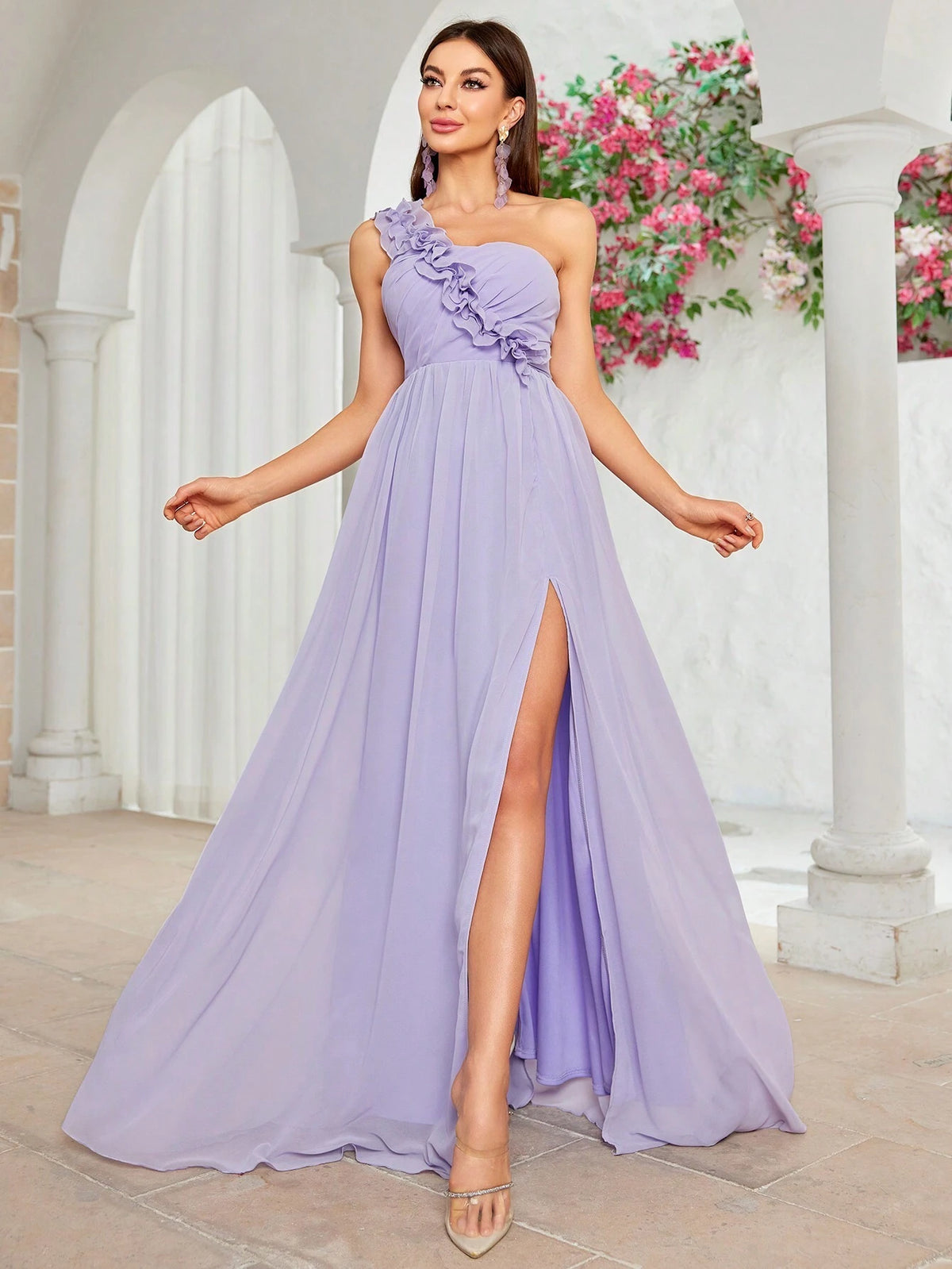 One-shoulder Chiffon Bridesmaid Dresses With High Slit And Backless, Flower Decorated And Ruched