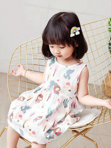 One Cartoon Cute Princess-Style Little Red Riding Hood Printed Loose Breathable & Soft Vest Dress For Young Girls' Spring Summer Outfits