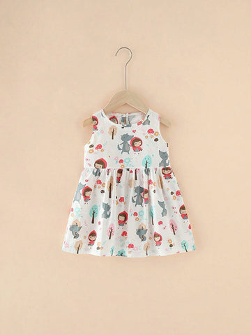 One Cartoon Cute Princess-Style Little Red Riding Hood Printed Loose Breathable & Soft Vest Dress For Young Girls' Spring Summer Outfits