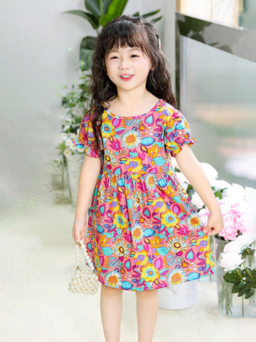 One Cute Cartoon Plant Doodle Colorful Sunflowers Printed Cotton Breathable Soft Thin Style Short Sleeve Toddler Girls" Spring Summer A-Line Dress