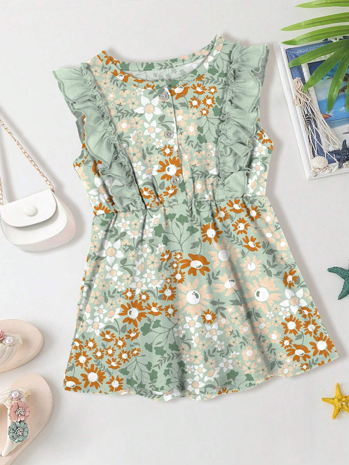 One Green Floral Print Vest Dress With Front Half-Open Placket, For Summer