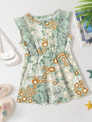 One Green Floral Print Vest Dress With Front Half-Open Placket, For Summer