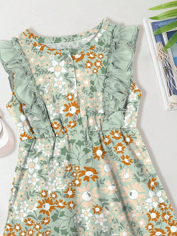 One Green Floral Print Vest Dress With Front Half-Open Placket, For Summer