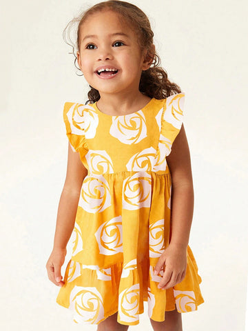 One Lovely Princess Style Cotton Sleeveless Dress For Toddler Girls With Flower Print, Shoulder Flower Lace Design, Breathable And Soft For Summer