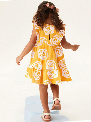 One Lovely Princess Style Cotton Sleeveless Dress For Toddler Girls With Flower Print, Shoulder Flower Lace Design, Breathable And Soft For Summer