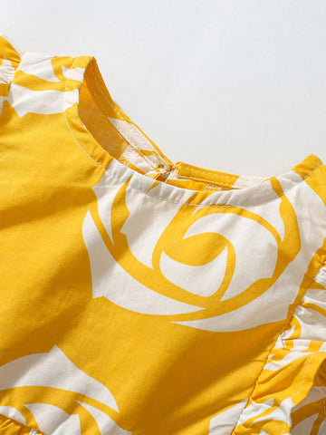 One Lovely Princess Style Cotton Sleeveless Dress For Toddler Girls With Flower Print, Shoulder Flower Lace Design, Breathable And Soft For Summer