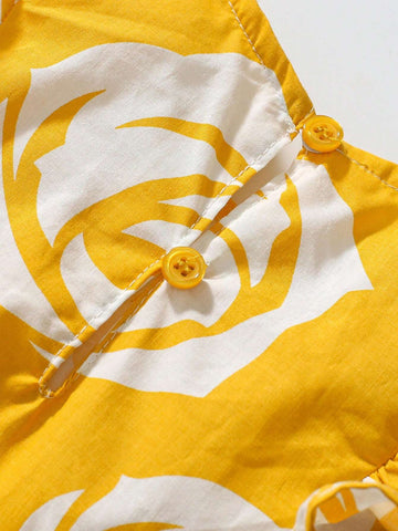 One Lovely Princess Style Cotton Sleeveless Dress For Toddler Girls With Flower Print, Shoulder Flower Lace Design, Breathable And Soft For Summer