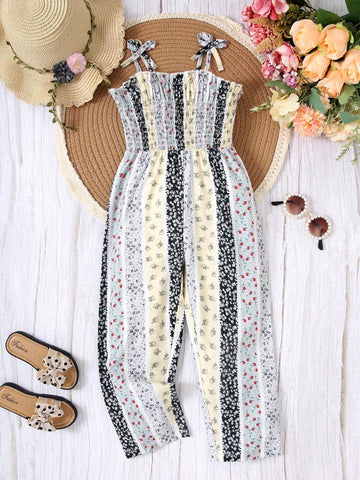 One Piece Children Jumpsuit For Summer New Fashion Girls Sling Romper Baby Wide Leg Pants With Floral Print