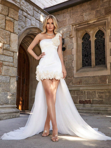 One Shoulder Appliques Detail Mesh Overlay Wedding Dress