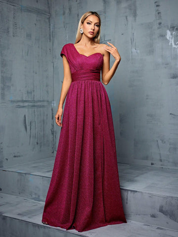 One Shoulder Asymmetric Pleated Waist Fold Design A-Line Slit Maxi Dress