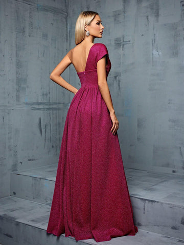 One Shoulder Asymmetric Pleated Waist Fold Design A-Line Slit Maxi Dress