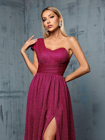One Shoulder Asymmetric Pleated Waist Fold Design A-Line Slit Maxi Dress