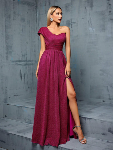 One Shoulder Asymmetric Pleated Waist Fold Design A-Line Slit Maxi Dress