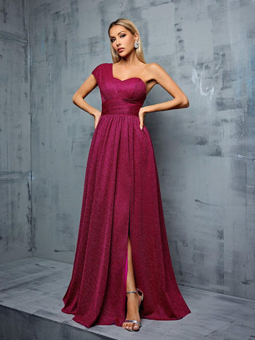 One Shoulder Asymmetric Pleated Waist Fold Design A-Line Slit Maxi Dress