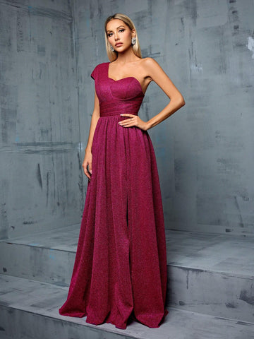One Shoulder Asymmetric Pleated Waist Fold Design A-Line Slit Maxi Dress