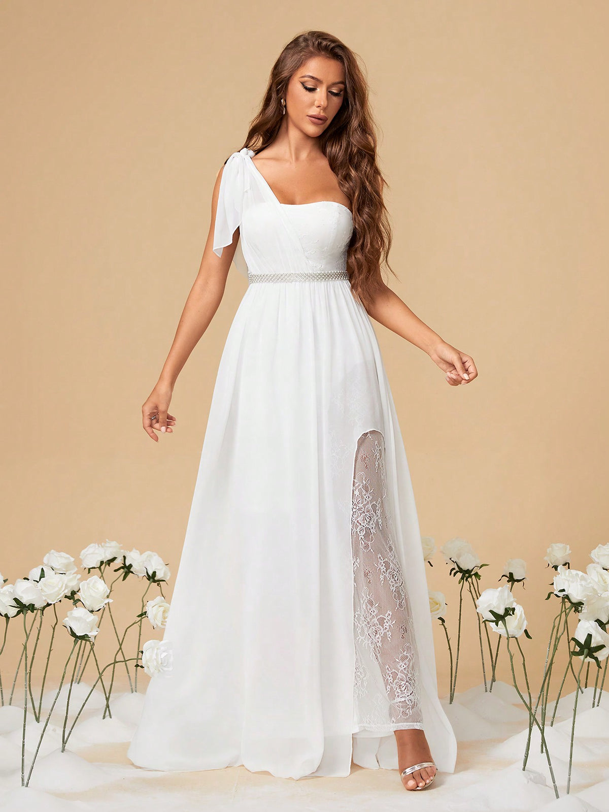 One Shoulder Asymmetrical Lace & Chiffon Floral Applique Wedding Dress With Rhinestone Belt And High Slit