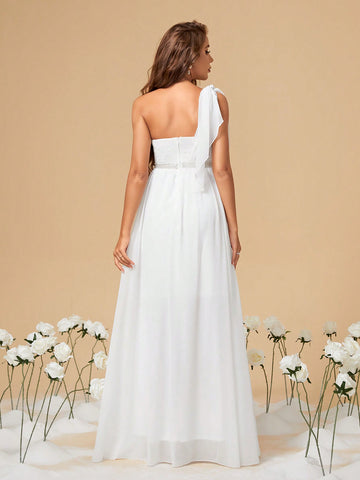 One Shoulder Asymmetrical Lace & Chiffon Floral Applique Wedding Dress With Rhinestone Belt And High Slit