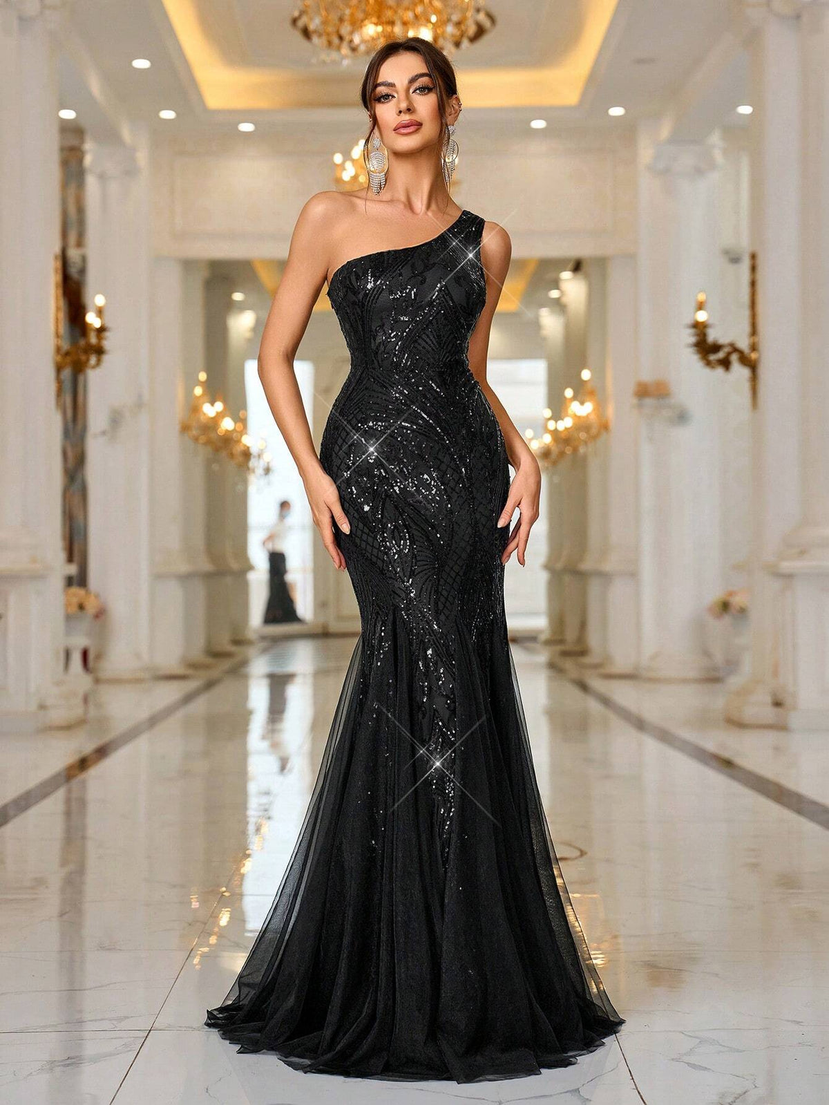 One Shoulder Beaded Mesh Mermaid Evening Dress