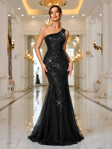 One Shoulder Beaded Mesh Mermaid Evening Dress