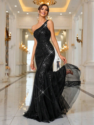 One Shoulder Beaded Mesh Mermaid Evening Dress