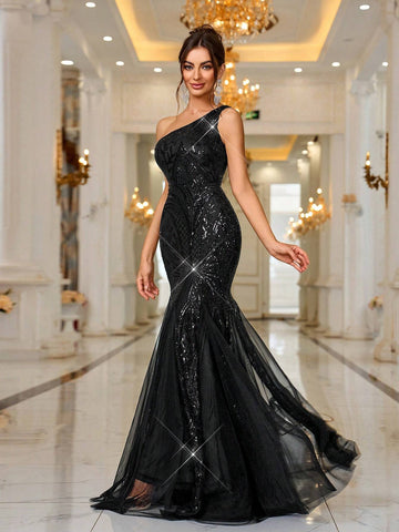 One Shoulder Beaded Mesh Mermaid Evening Dress