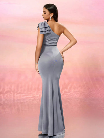 One Shoulder Butterfly Knot Bodycon Dress, Minimalist Sleeveless Cocktail Dress Suitable For Daily Events