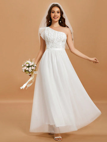 One Shoulder Contrast Sequin Splicing Mesh Wedding Dress