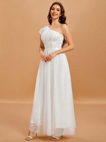 One Shoulder Contrast Sequin Splicing Mesh Wedding Dress