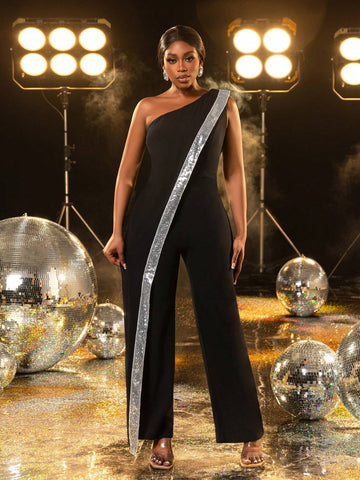 One Shoulder Contrast Sequin Trim Party Jumpsuit, Wedding Event Dress