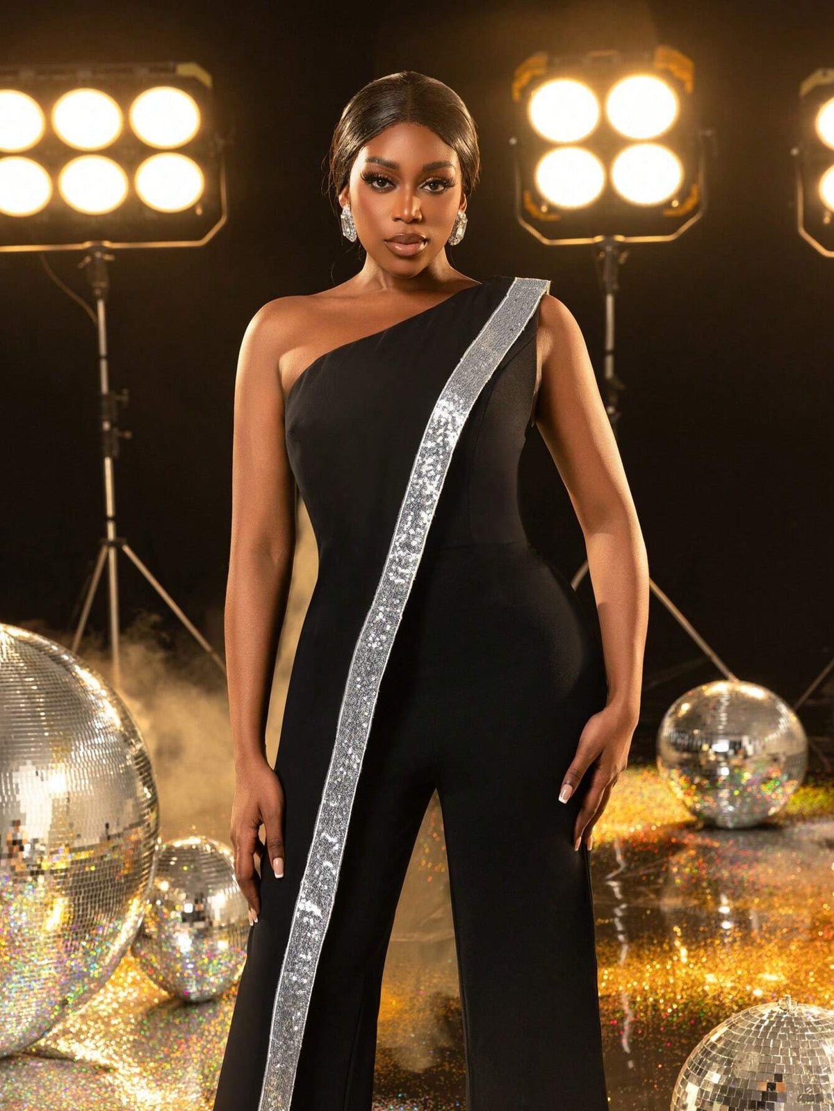 One Shoulder Contrast Sequin Trim Party Jumpsuit, Wedding Event Dress