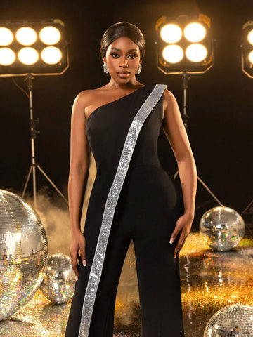 One Shoulder Contrast Sequin Trim Party Jumpsuit, Wedding Event Dress