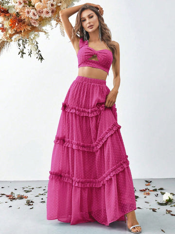 One Shoulder Cut Out Front Top&Chiffon Skirt