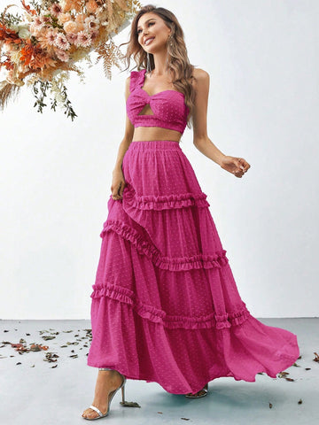 One Shoulder Cut Out Front Top&Chiffon Skirt