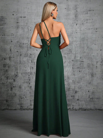 One Shoulder Cut Out Split Thigh Bridesmaid Dress