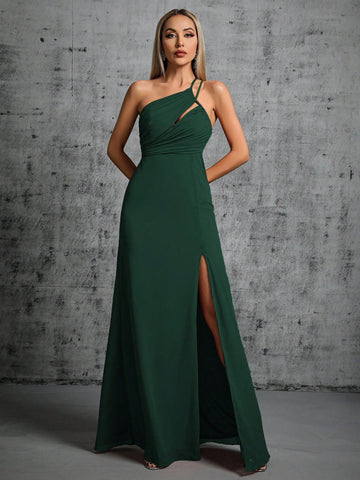 One Shoulder Cut Out Split Thigh Bridesmaid Dress