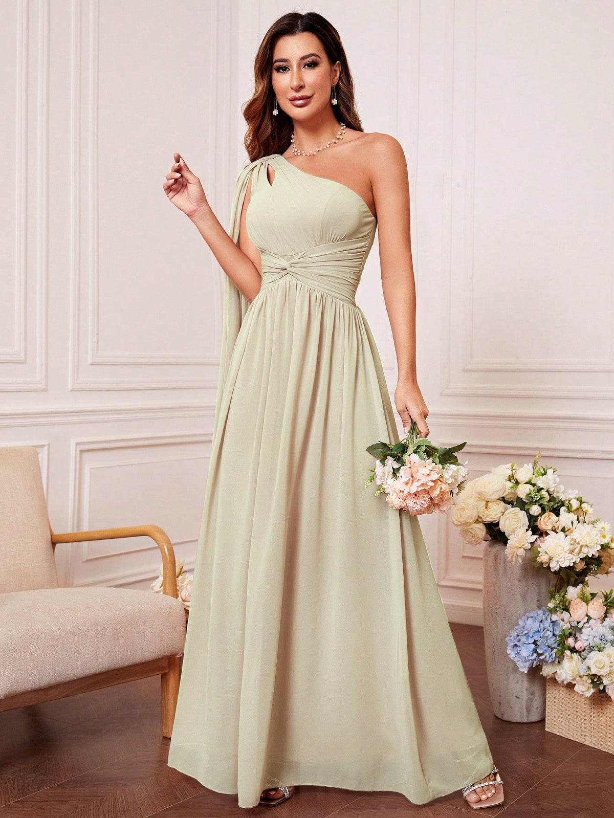 One Shoulder Cut Out Twist Front Bridesmaid Dress