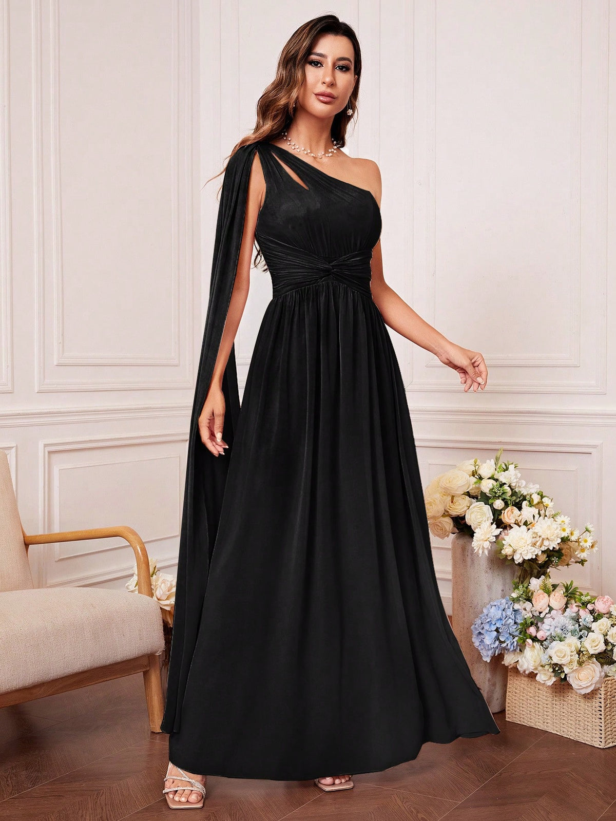 One Shoulder Cut Out Twist Front Bridesmaid Dress